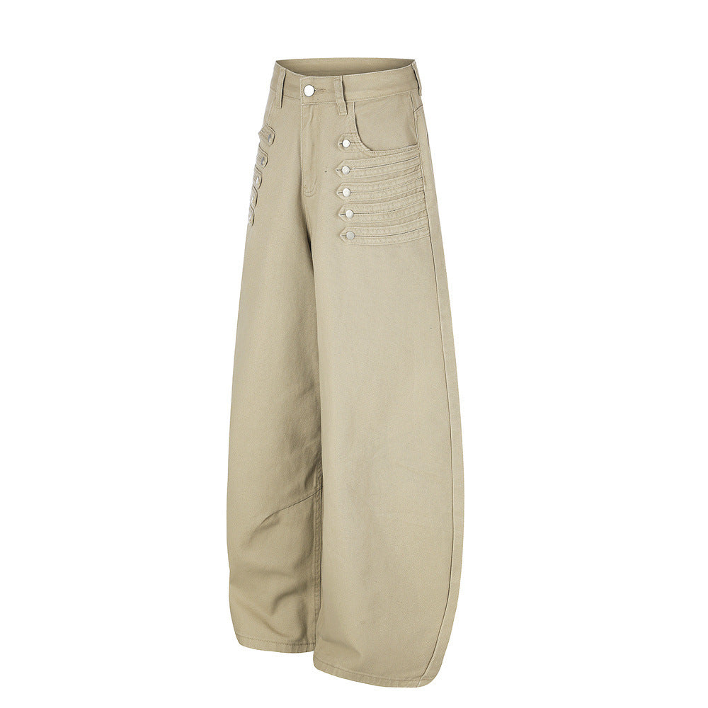 Men's Wide-Leg Barrel Pants with Decorative Button Detail