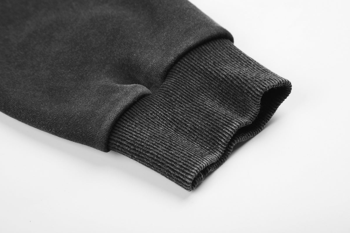 Cross Print Washed Zip-Up Hoodie – Cropped Black Streetwear Jacket