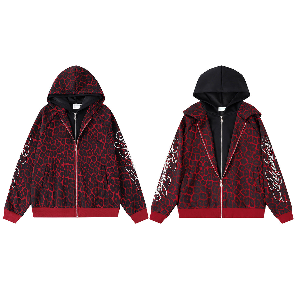 Veste hoodie zippée à motif léopard – Imprimé animal rouge et noir oversize avec