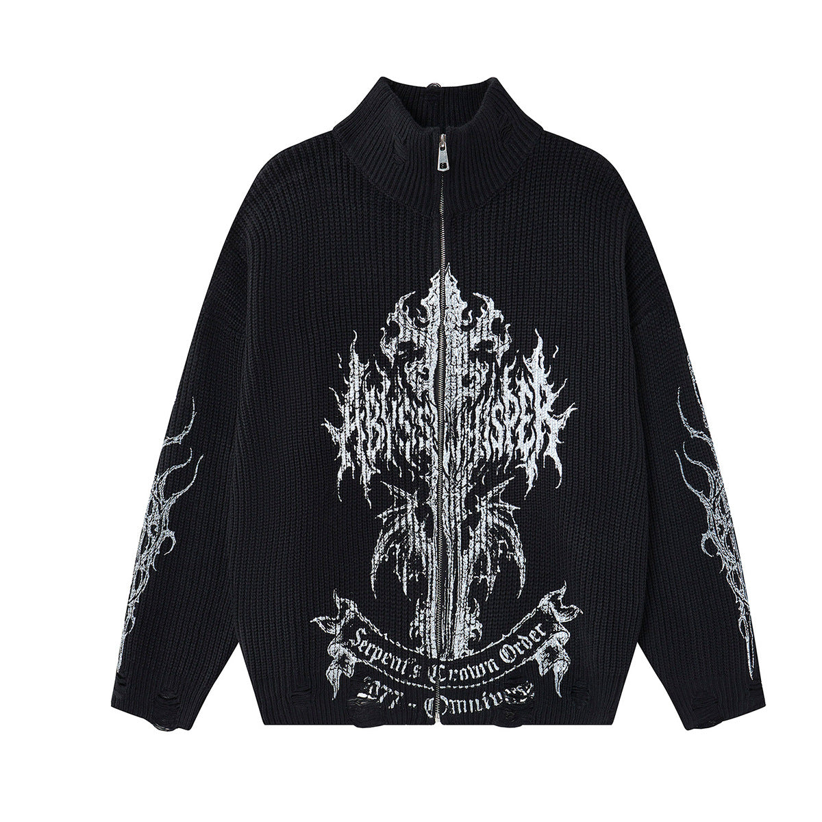 Pull zippé en maille à motif gothique – Col montant punk sombre Abyss Whisper
