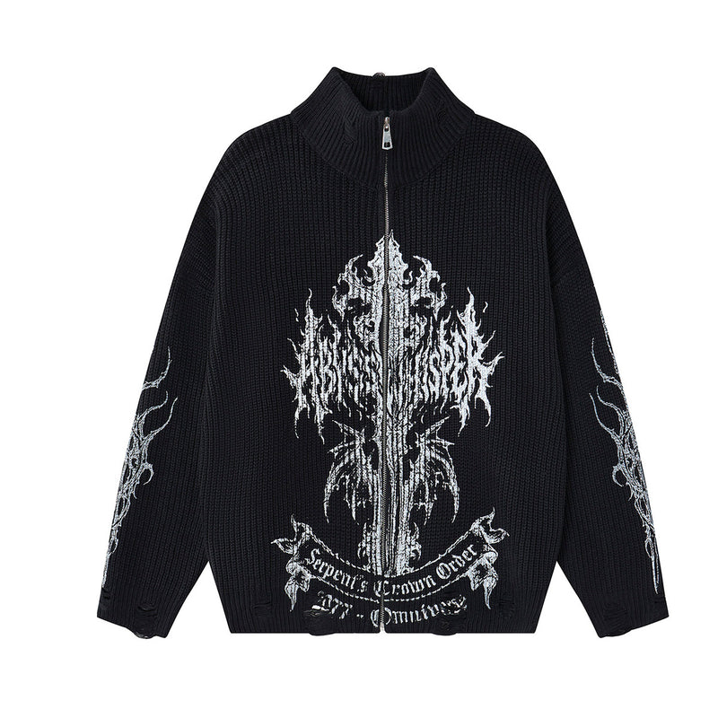 Pull zippé en maille à motif gothique – Col montant punk sombre Abyss Whisper