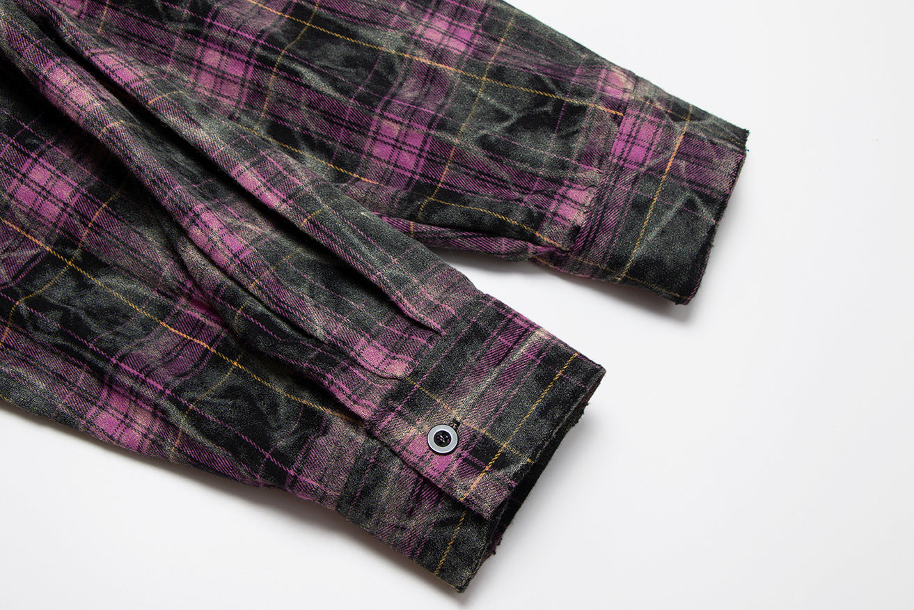 Collared Long Sleeve Shirt – Vintage Washed Distressed Plaid, Oversized Fit