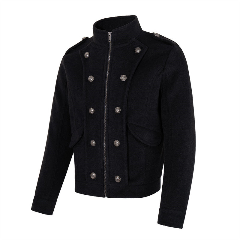 Chaqueta corta negra de estilo militar para hombre con botones metálicos cruzados