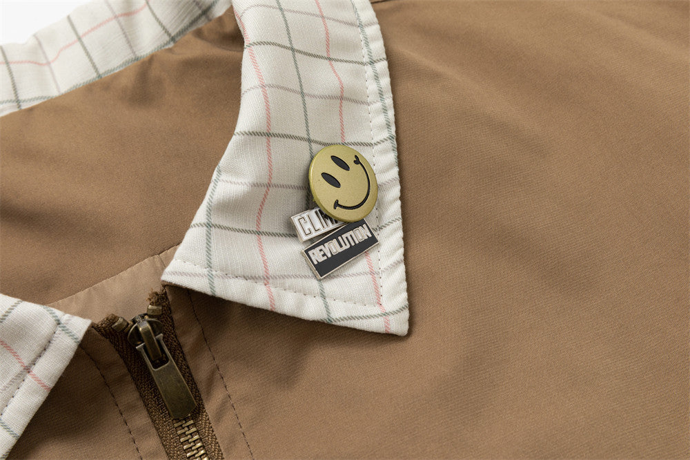 Men's Cargo Zip Jacket with Plaid Contrast Collar and Patch Pockets — Khaki