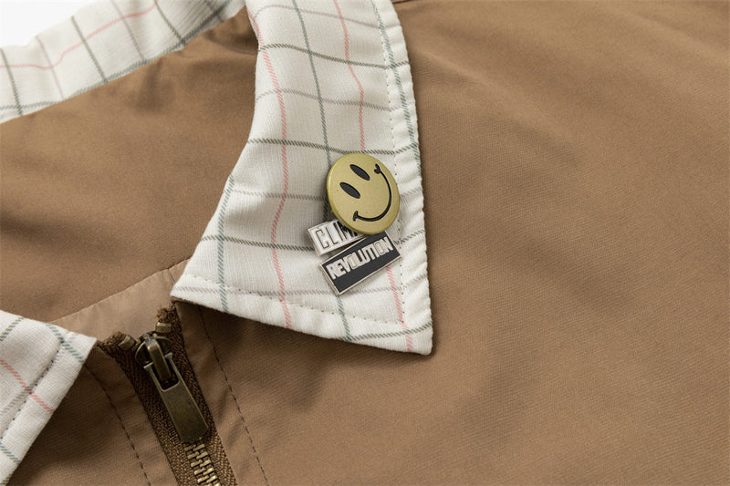 Men's Cargo Zip Jacket with Plaid Contrast Collar and Patch Pockets — Khaki