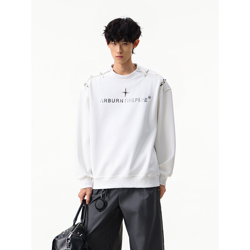 Sweat-shirt punk streetwear à col rond avec anneaux métalliques sur les épaules