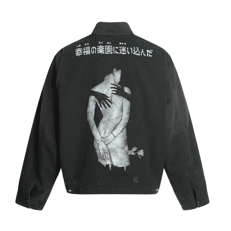 Veste workwear en toile délavée à l'acide – Imprimé graphique japonais, finition usée