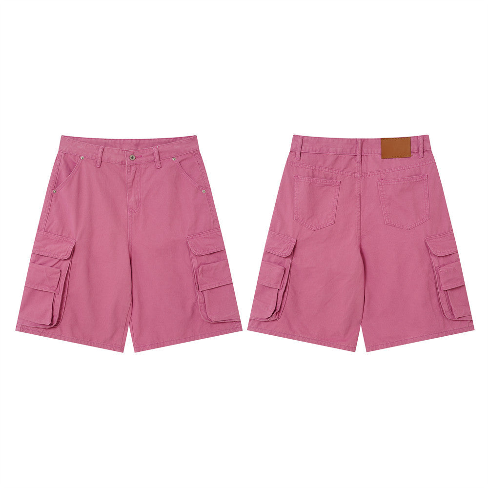 Rose pink cargo shorts front and back views with five pockets and wide-leg fit