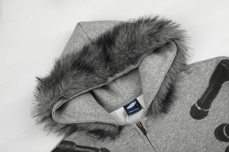 Hoodie zippé avec bordure de capuche en fausse fourrure et imprimé microphone – Gris chiné