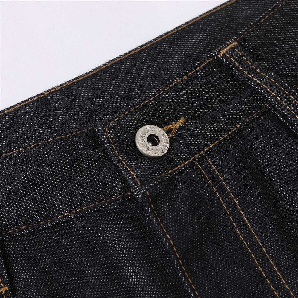 Men's Black Cargo Denim Jeans Wide-Leg Straight Fit with Large Pockets