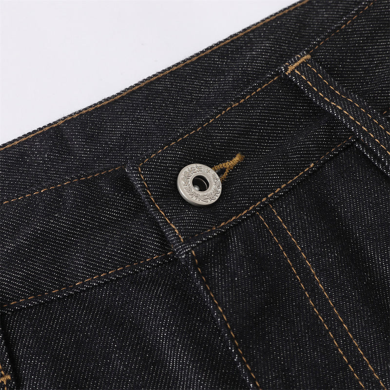 Men's Black Cargo Denim Jeans Wide-Leg Straight Fit with Large Pockets