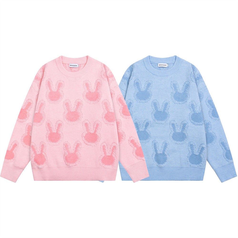 Light Pink Oversized Sweater – All-Over Bunny Jacquard Knit Pullover
