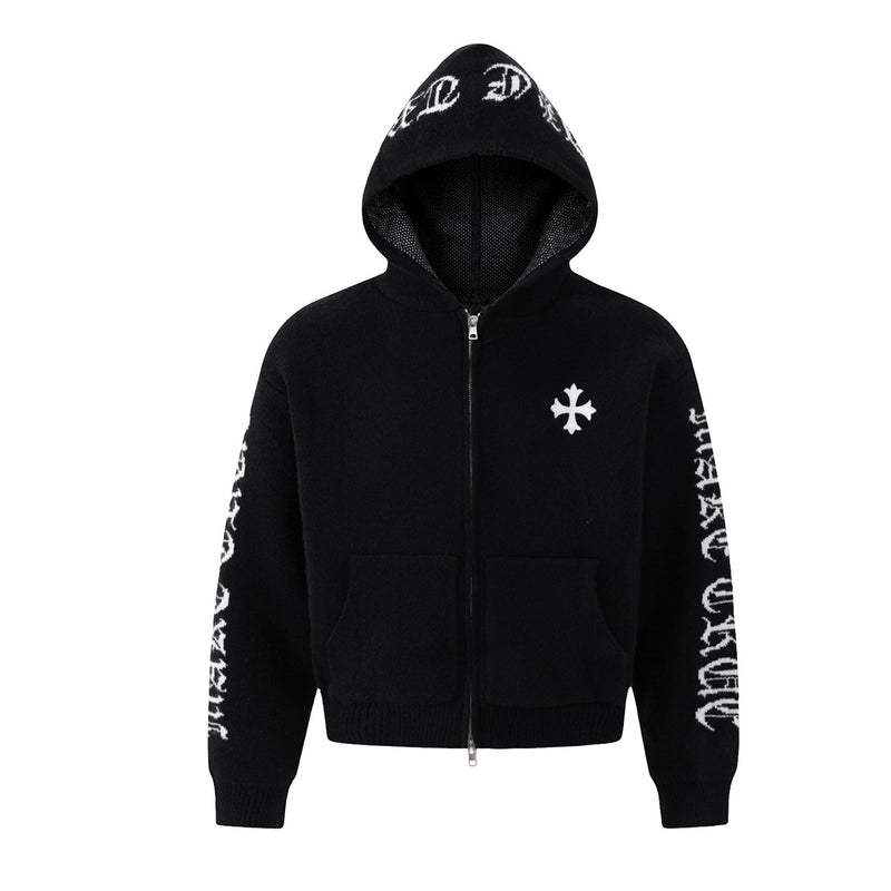 Gothic Cross Knit Zip-Up Hoodie with Old English Sleeve Script