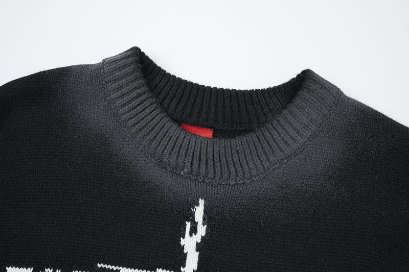 Pull col rond en maille – Graffiti usé, dégradé délavé à l’acide