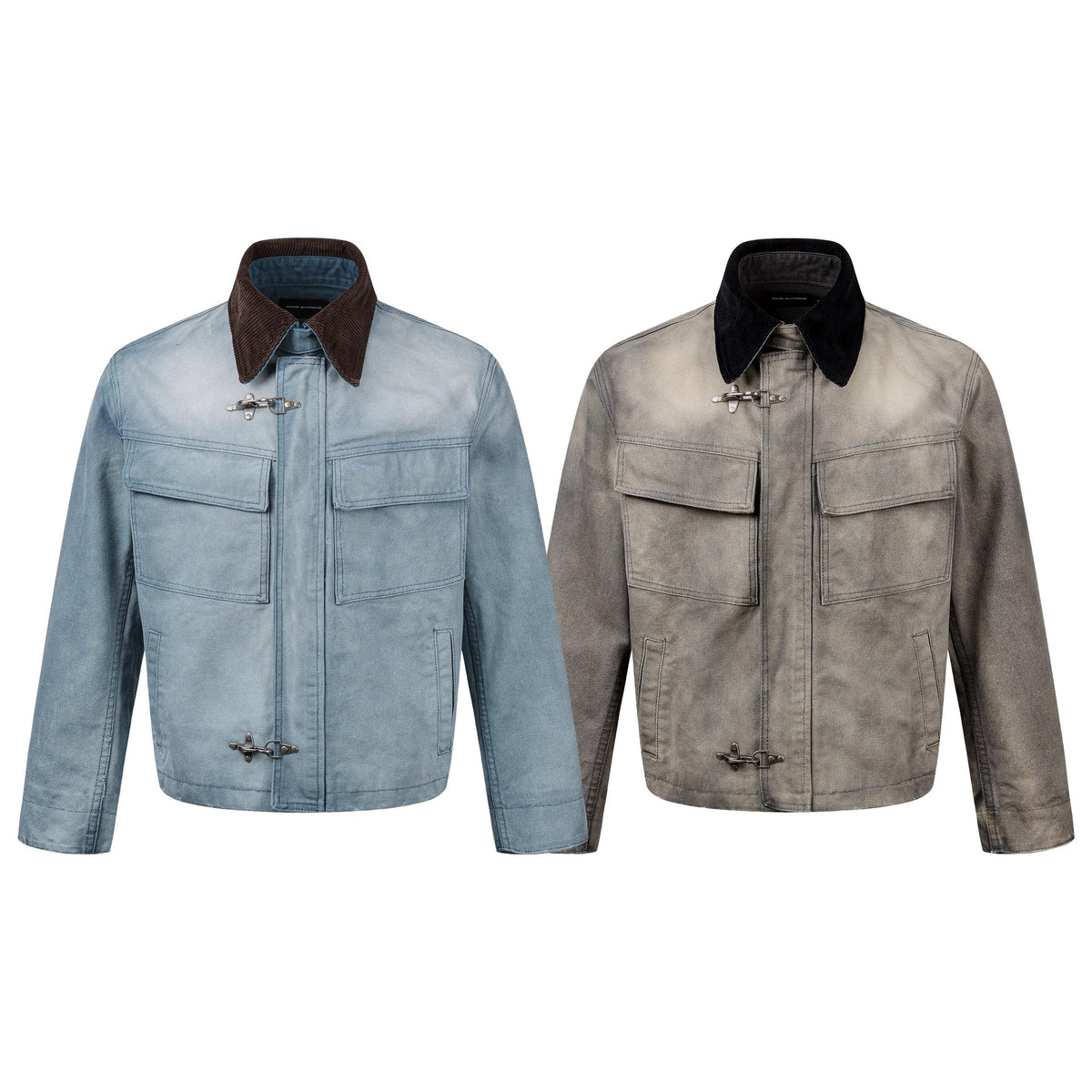 Boxy Washed Denim Workwear Jacket with Corduroy Collar & Clasp Closure