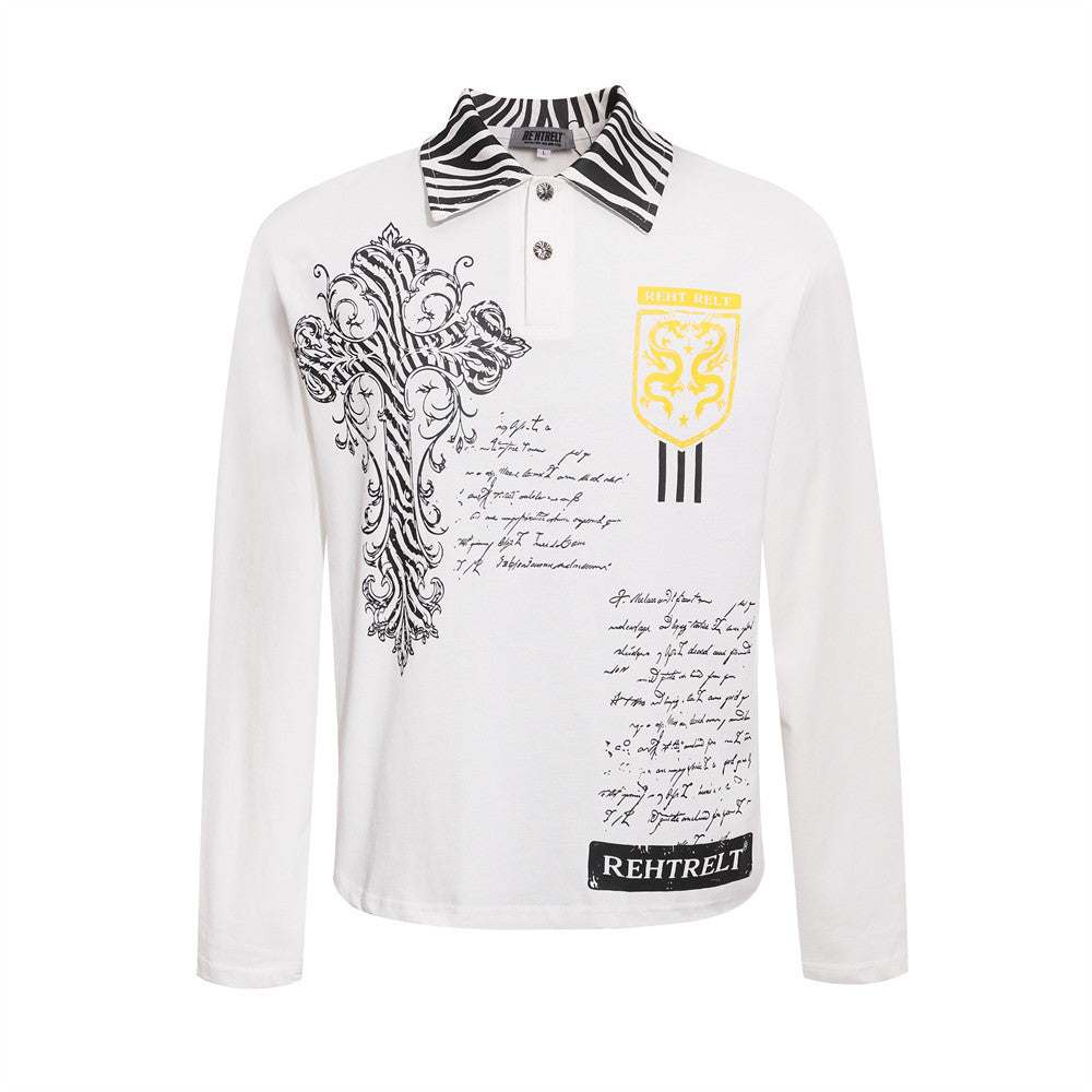 Men's Long Sleeve Polo Shirt with Baroque Cross Print & Zebra Collar