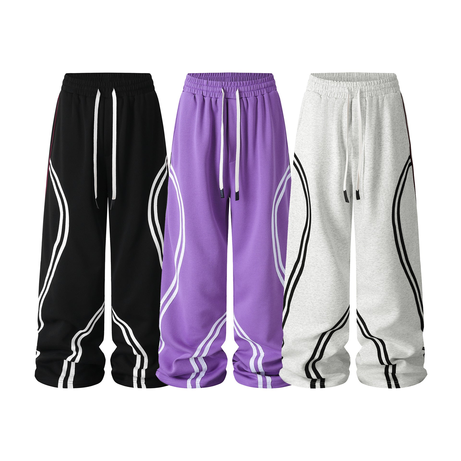 Pantalon de survêtement baggy à jambes larges avec détail appliqué à rayures courbes, présenté en gris chiné, noir et violet