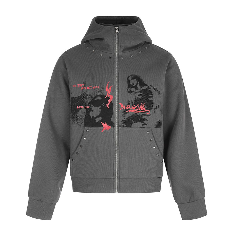 Graphic Zip-Up Hoodie – Dark Grey Studded Streetwear Cardigan with Anime Print