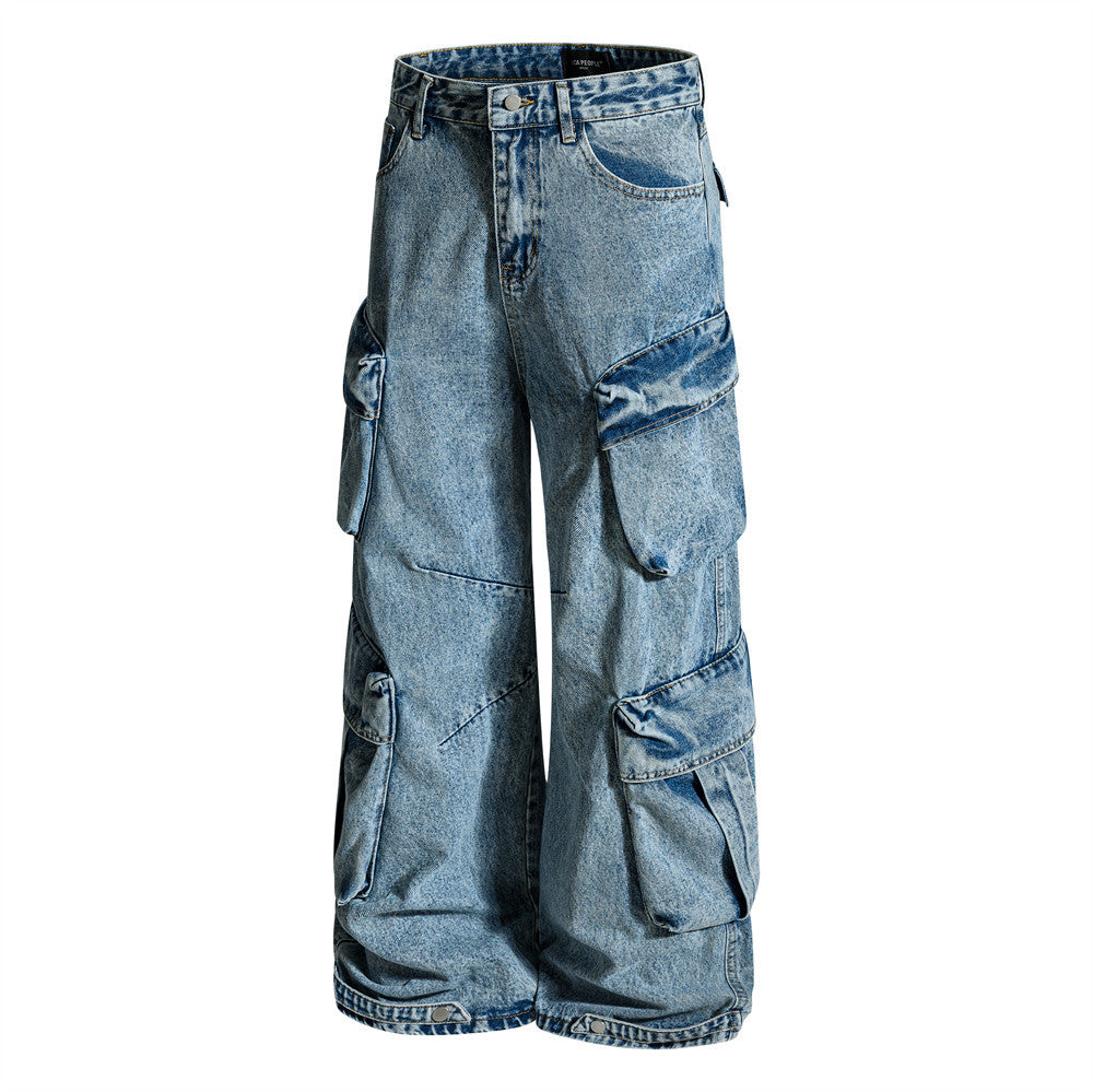 Men's Baggy Cargo Denim Jeans – Wide Leg, Multi-Pocket, Acid Wash