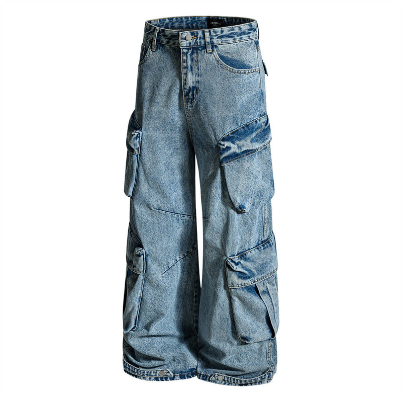Men's Baggy Cargo Denim Jeans – Wide Leg, Multi-Pocket, Acid Wash