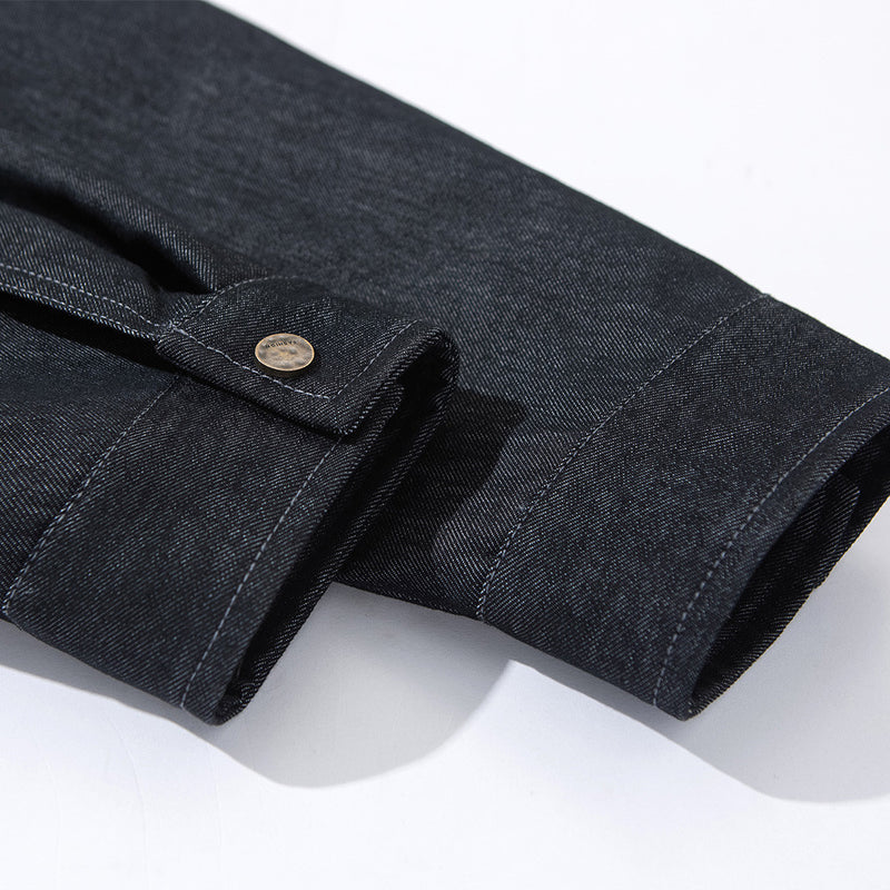 Mens Black Denim Jacket with Contrast Brown Collar & Dual Zip Closure