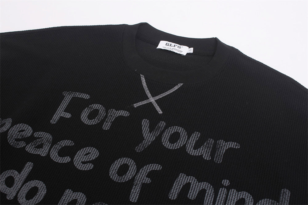 Cross Print Waffle Knit Long Sleeve Crew Neck Tee – Oversized Streetwear Graphic