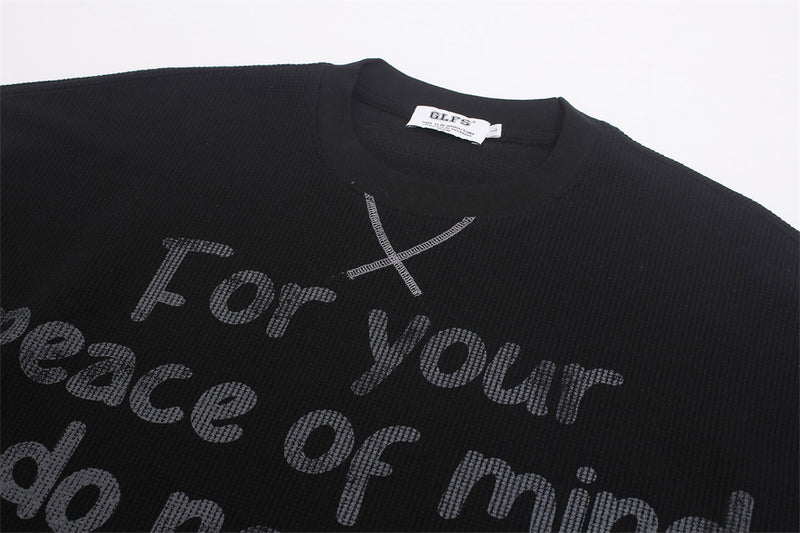 Cross Print Waffle Knit Long Sleeve Crew Neck Tee – Oversized Streetwear Graphic