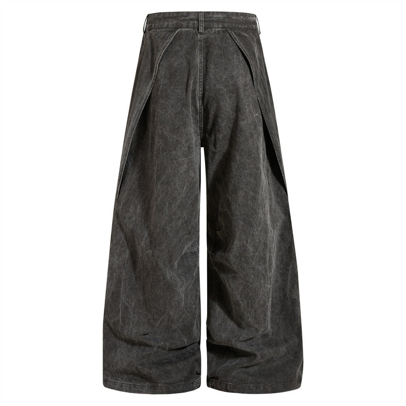 Wide-Leg Pleated Drape Pants – Acid Wash Baggy Trousers with Zip Pockets