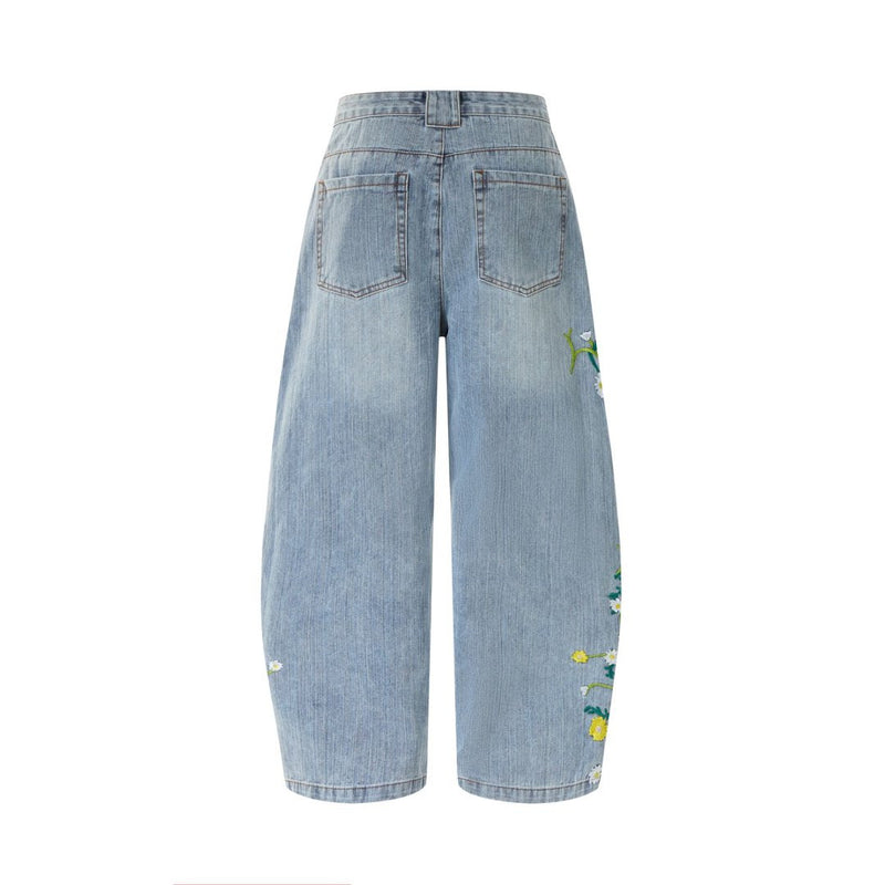 Floral Embroidered Wide-Leg Jeans – Men's Barrel Fit Washed Denim