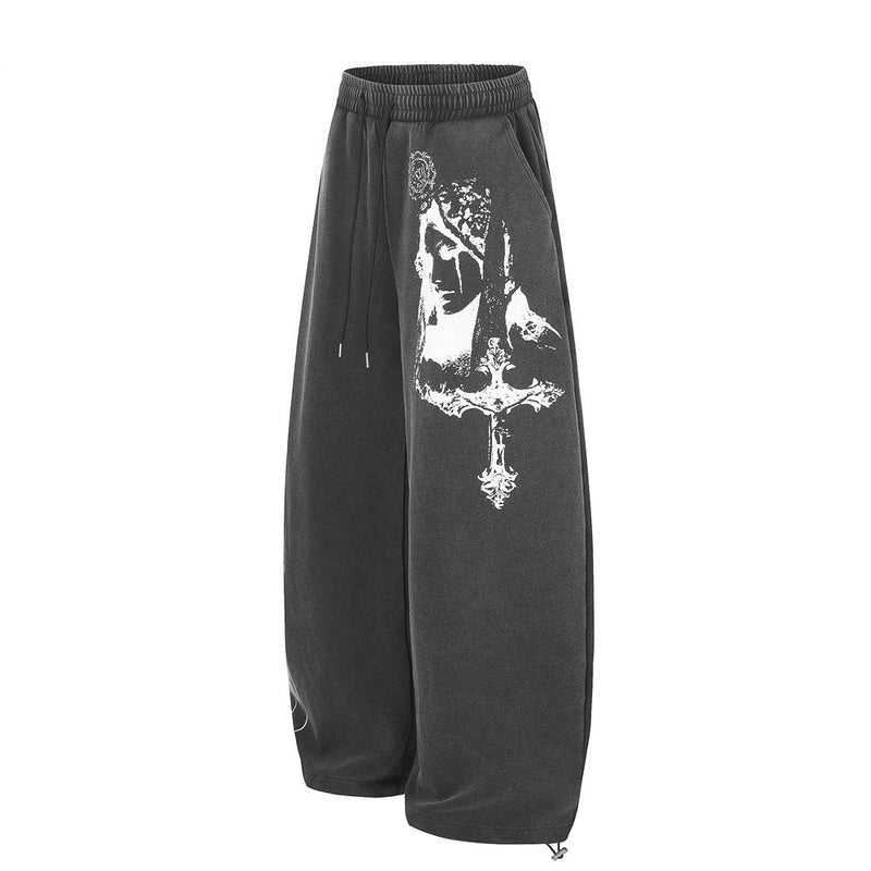 Wide-Leg Sweatpants with Cross & Madonna Graphic – Acid Wash Streetwear Joggers
