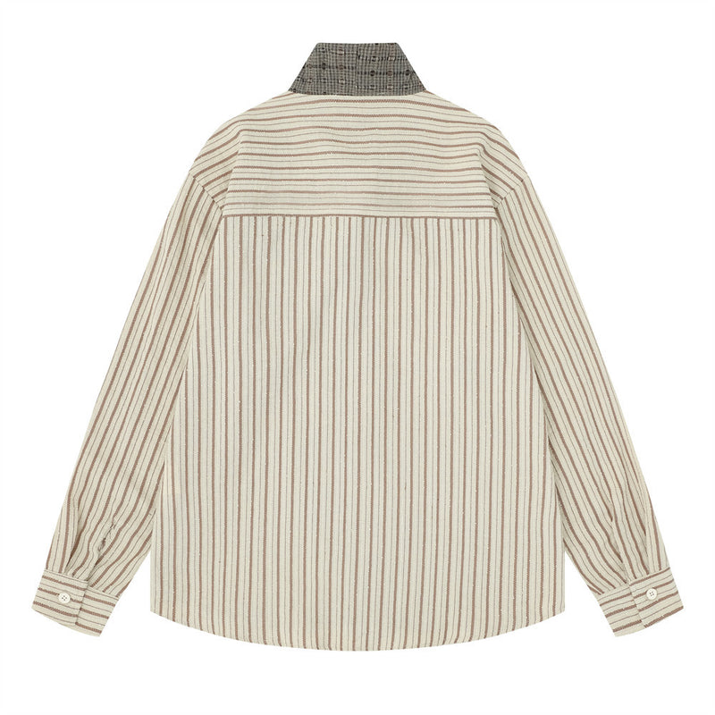 Striped Button-Up Shirt with Contrast Scarf Collar, Oversized Long Sleeve
