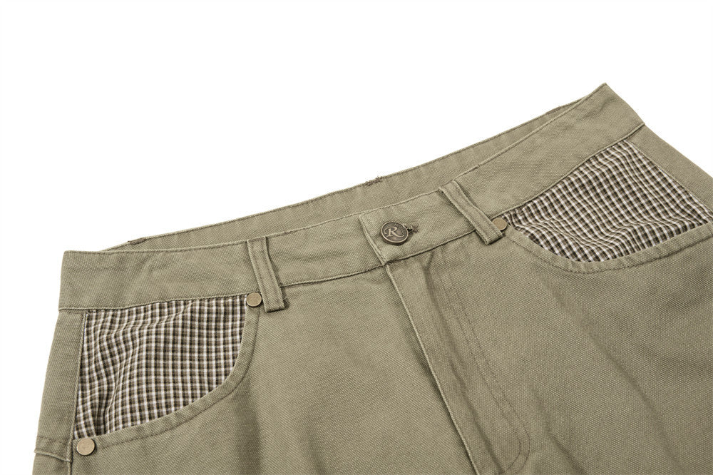 Wide-Leg Cargo Pants – Star Patch, Plaid Detail & Multi-Pocket Baggy Fit