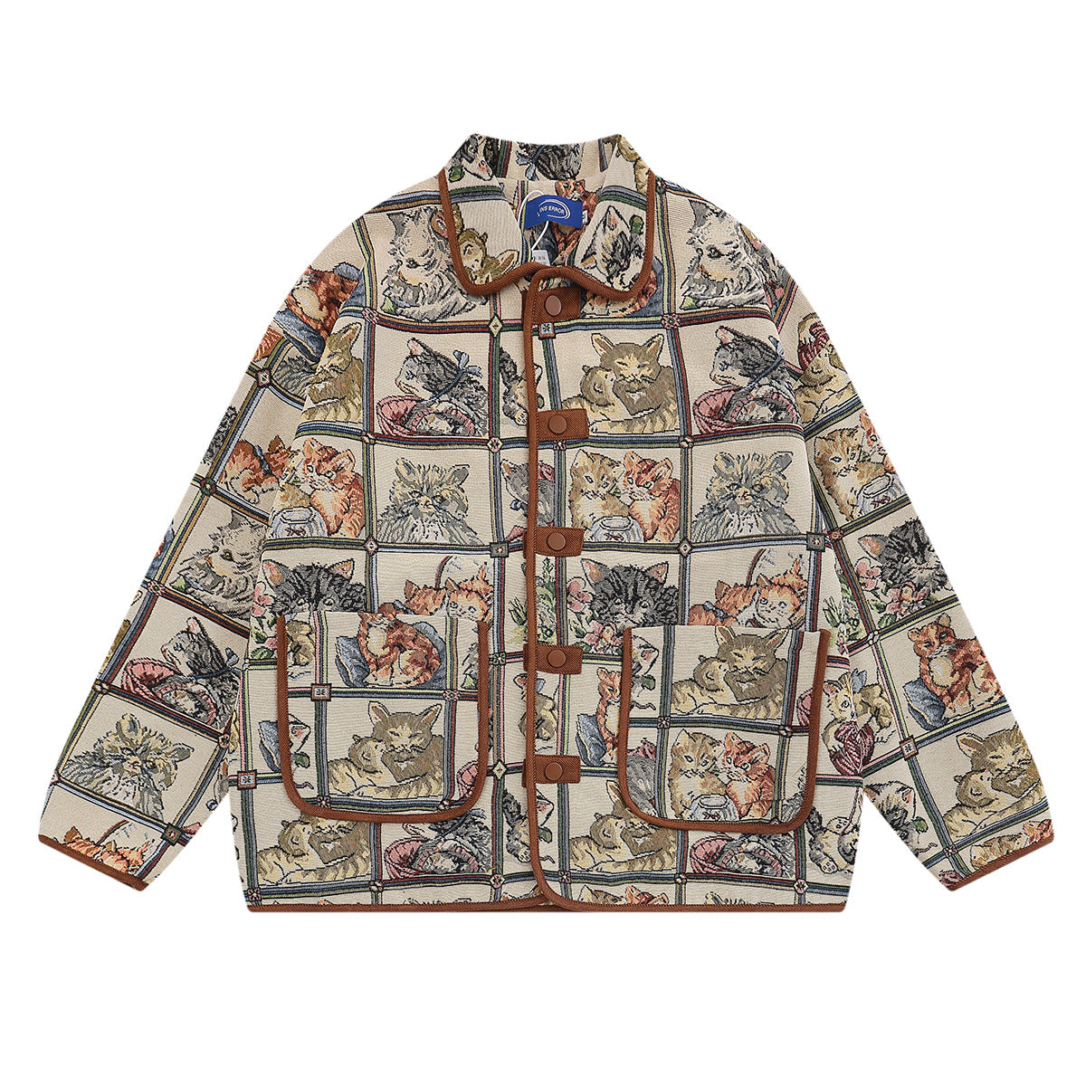 Vintage cat jacquard tapestry jacket with brown twill trim and snap button closure, front view