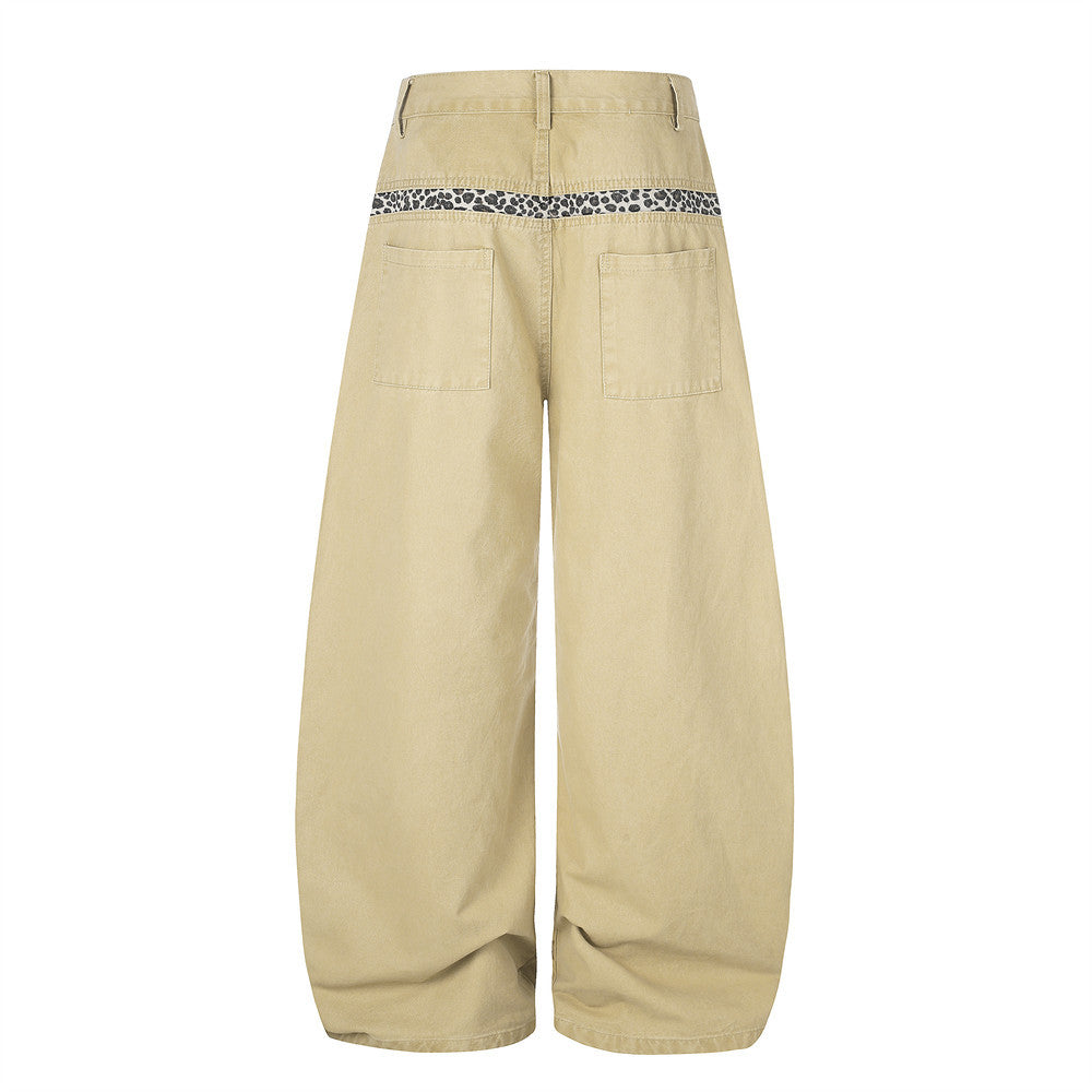 Wide-Leg Baggy Pants with Curved Hem, Leopard Trim & Carabiner Detail