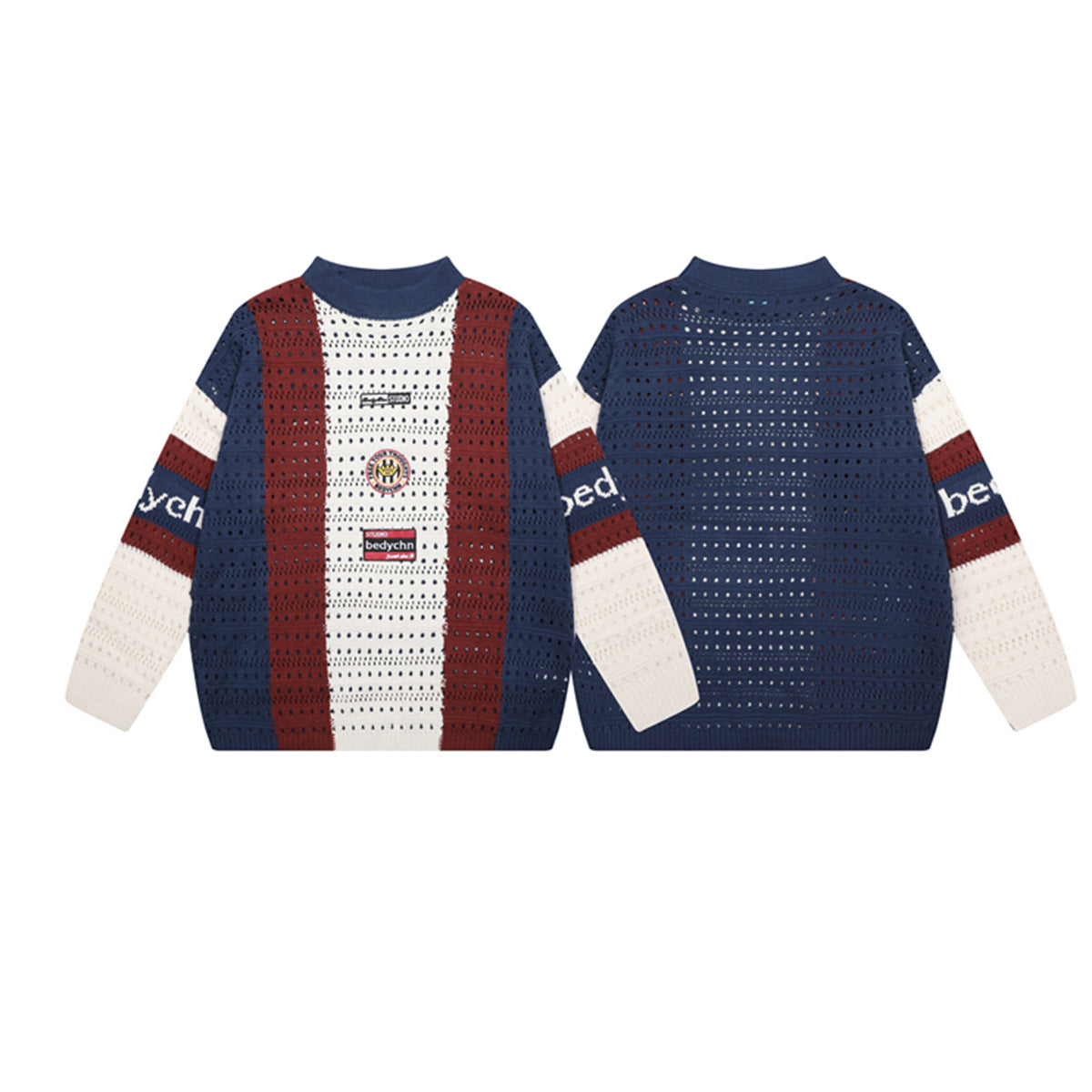 Colorblock Open-Knit Crew Neck Sweater – Varsity Stripe Pullover