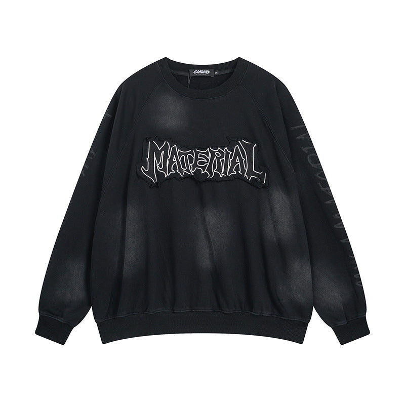 Men's Crew Neck Sweater Washed Distressed 'Material' Graphic Patch Sweatshirt