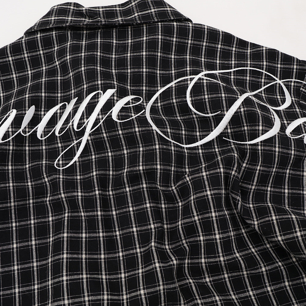 Plaid Long Sleeve Shirt – Graffiti Print & Old English Embroidery, Oversized Fit