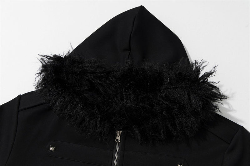 Sweat à capuche noir zippé avec col en fausse fourrure et détails cloutés métalliques