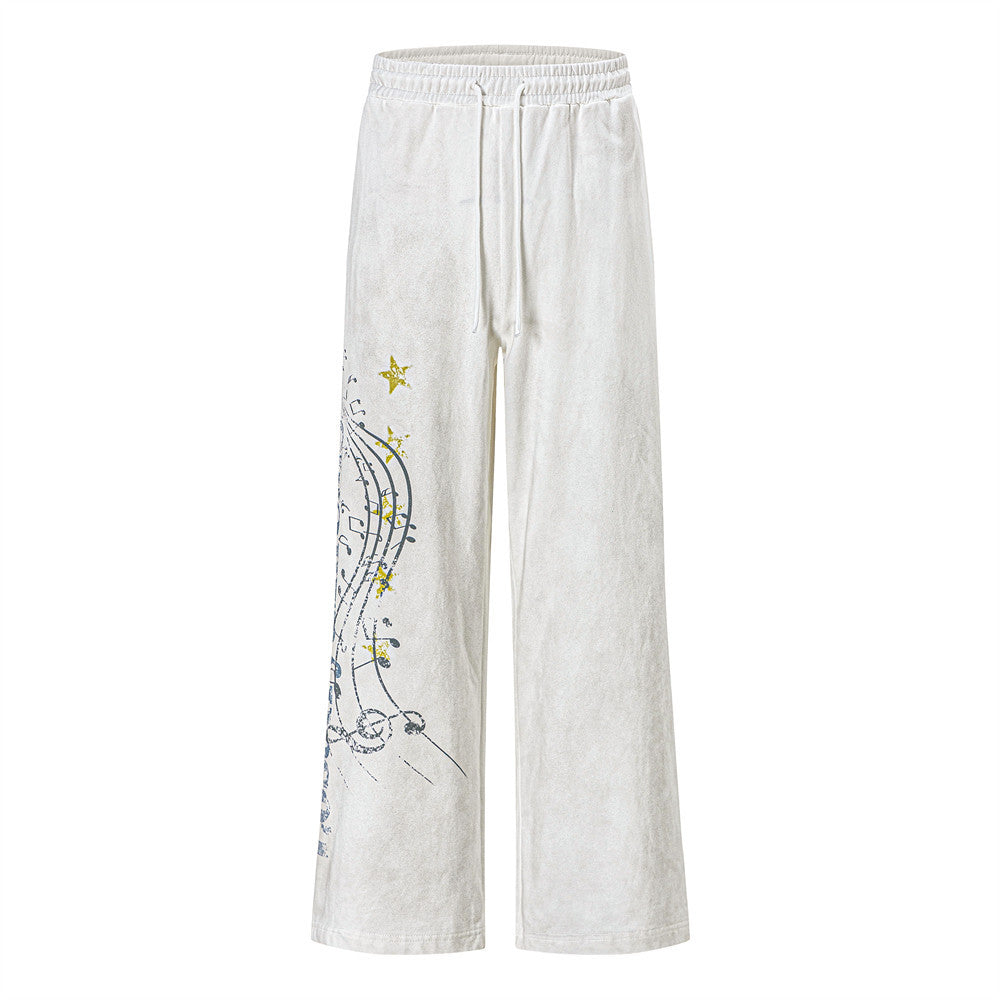 Men's Wide-Leg Sweatpants with Music Note Graphic Print
