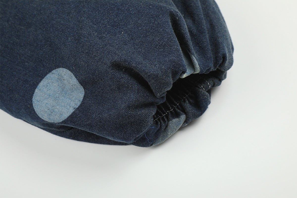 Polka Dot Denim Hooded Jacket with Sherpa Lining