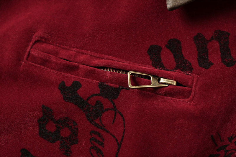 Velvet Zip-Up Jacket – Vintage Cross & Figure Print, Contrast Collar