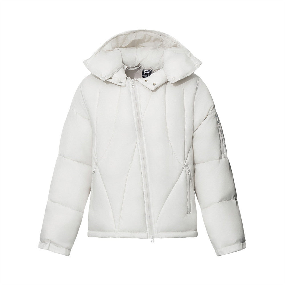 Men's off-white hooded puffer jacket with diagonal zip and geometric quilted stitching, front and back views