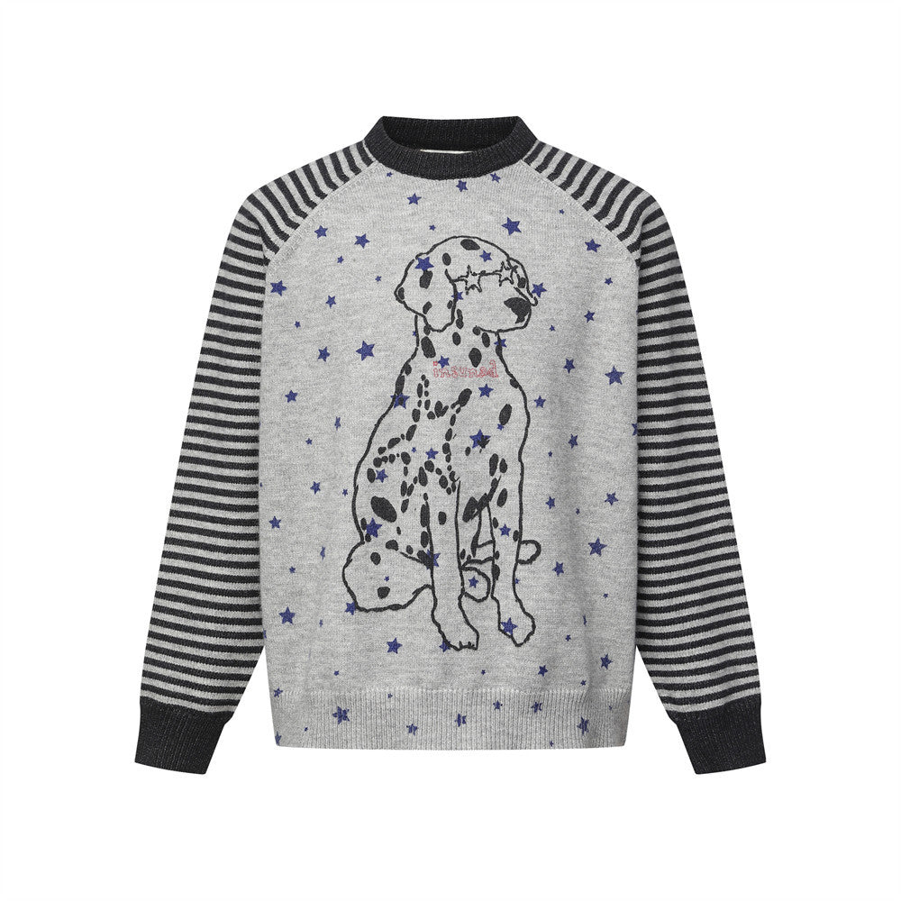 Dalmatian star print crew neck knit sweater with contrast striped raglan sleeves in grey colorway