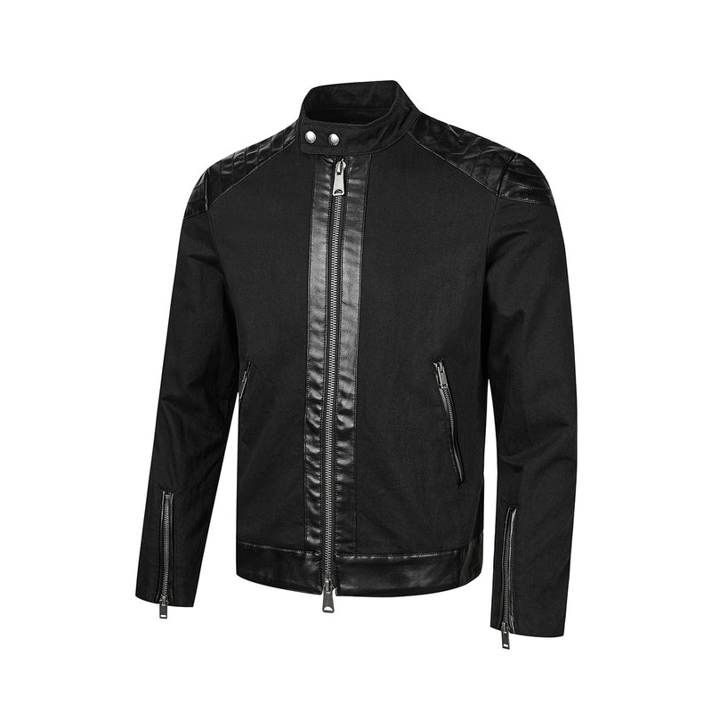 Men's Moto Biker Jacket with Leather Trim, Stand Collar & Zip Detail