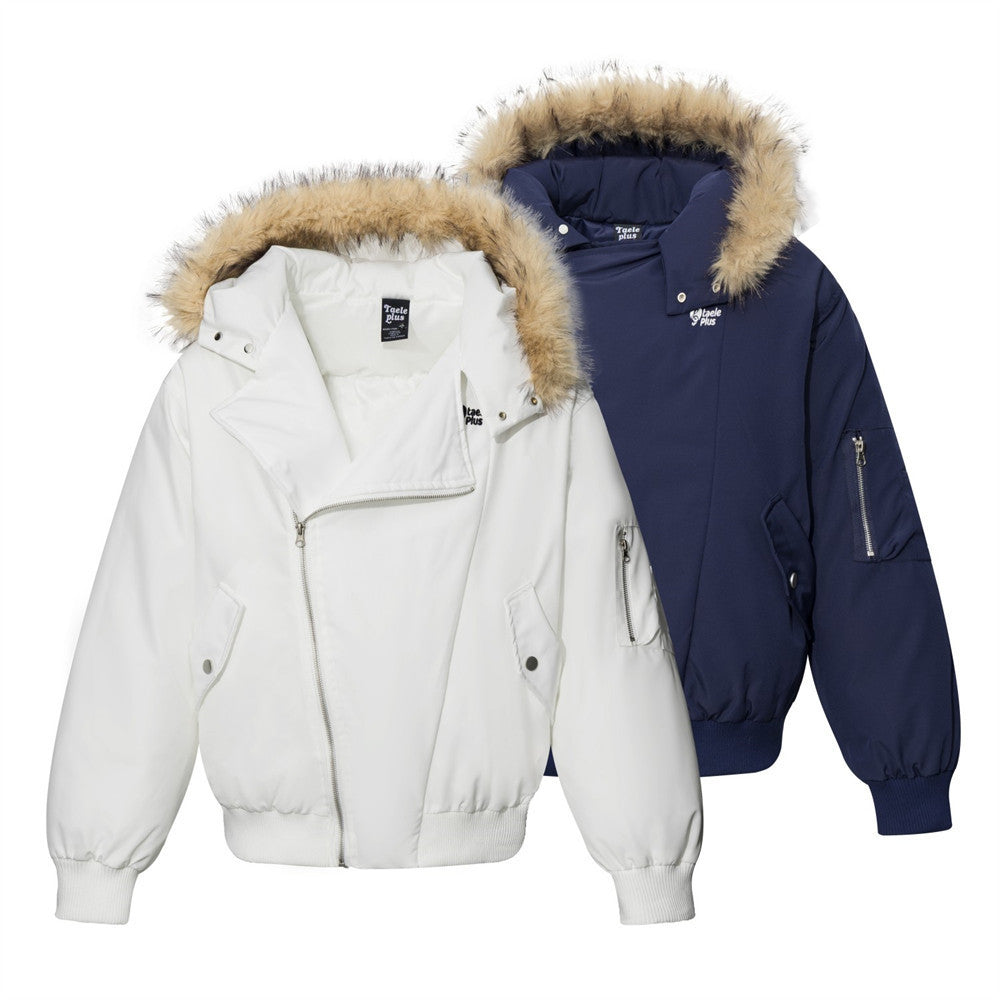 Diagonal Zip Hooded Bomber Jacket with Faux Fur Trim – Oversized Winter Puffer
