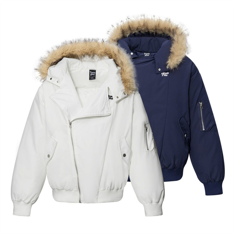 Diagonal Zip Hooded Bomber Jacket with Faux Fur Trim – Oversized Winter Puffer