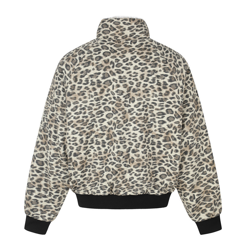 Reversible Faux Fur Leopard Print Bomber Jacket – Men's Oversized Stand Collar
