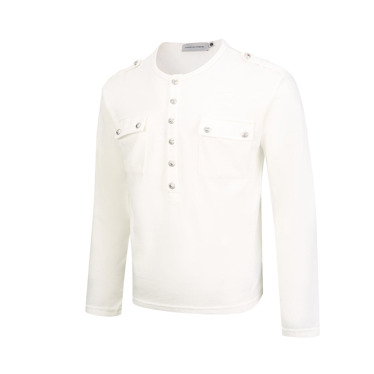 Men's Military-Style Henley Long Sleeve Shirt with Chest Pockets & Epaulettes