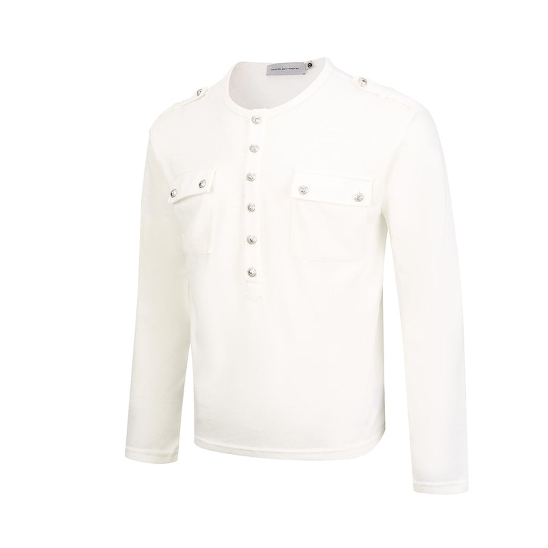 Men's Military-Style Henley Long Sleeve Shirt with Chest Pockets & Epaulettes