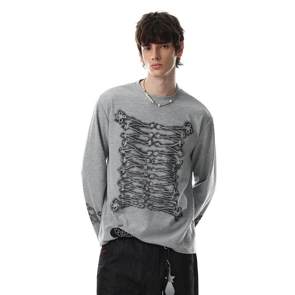 Men's oversized long sleeve crew neck tee with 3D rope-knot lace-up chest appliqué in heather grey